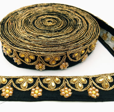 Black Silk Fabric Lace Trim Floral Embroidery & Indian Stones Kundan Embellishment, Decorative Sari Trim, Floral Border Trim By Yard